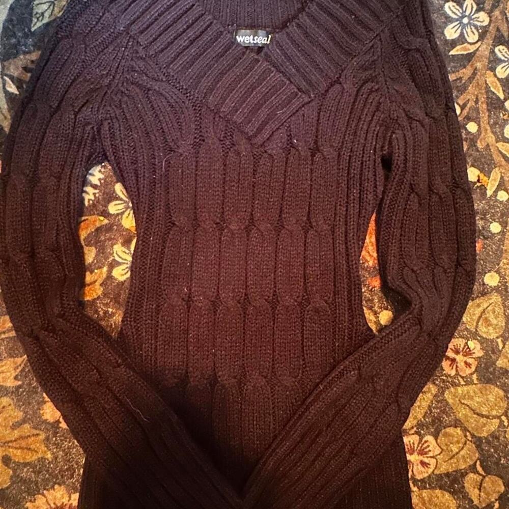 Wet Seal Brown Cable Knit Sweater Ribbed V Neck Cozy Y2K Inspired Top